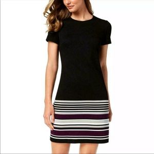 Calvin Klein Black Dress Crew Neck Gold Zipper Purple White Stripes Size 2P